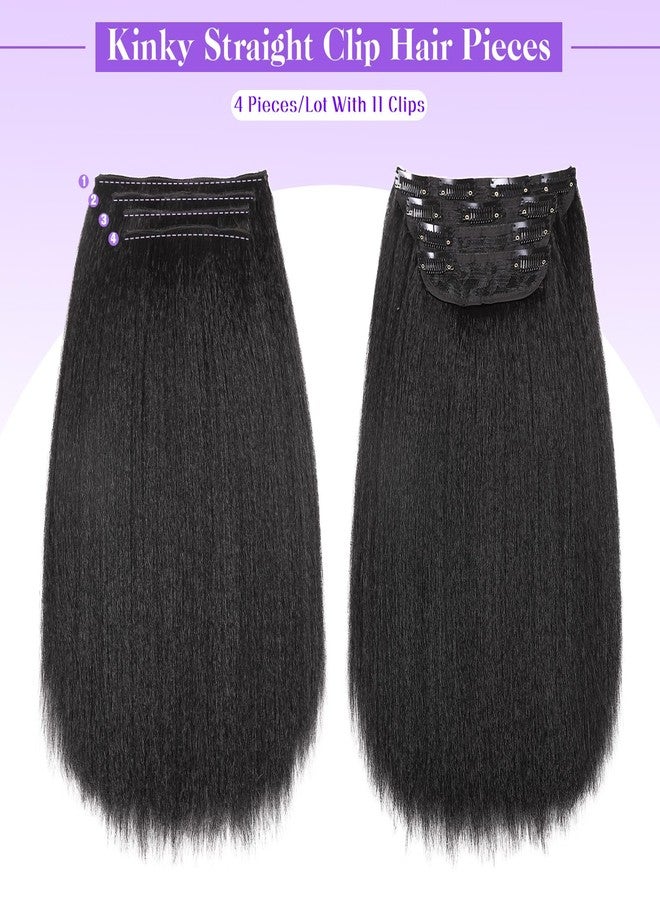 HANNE Kinky Straight Clip ins Hair Extensions Natural Black Full Head Yaki Straight Seamless Clip in Synthetic Hair Pieces for Women (Black, 14 Inch) - Image 4